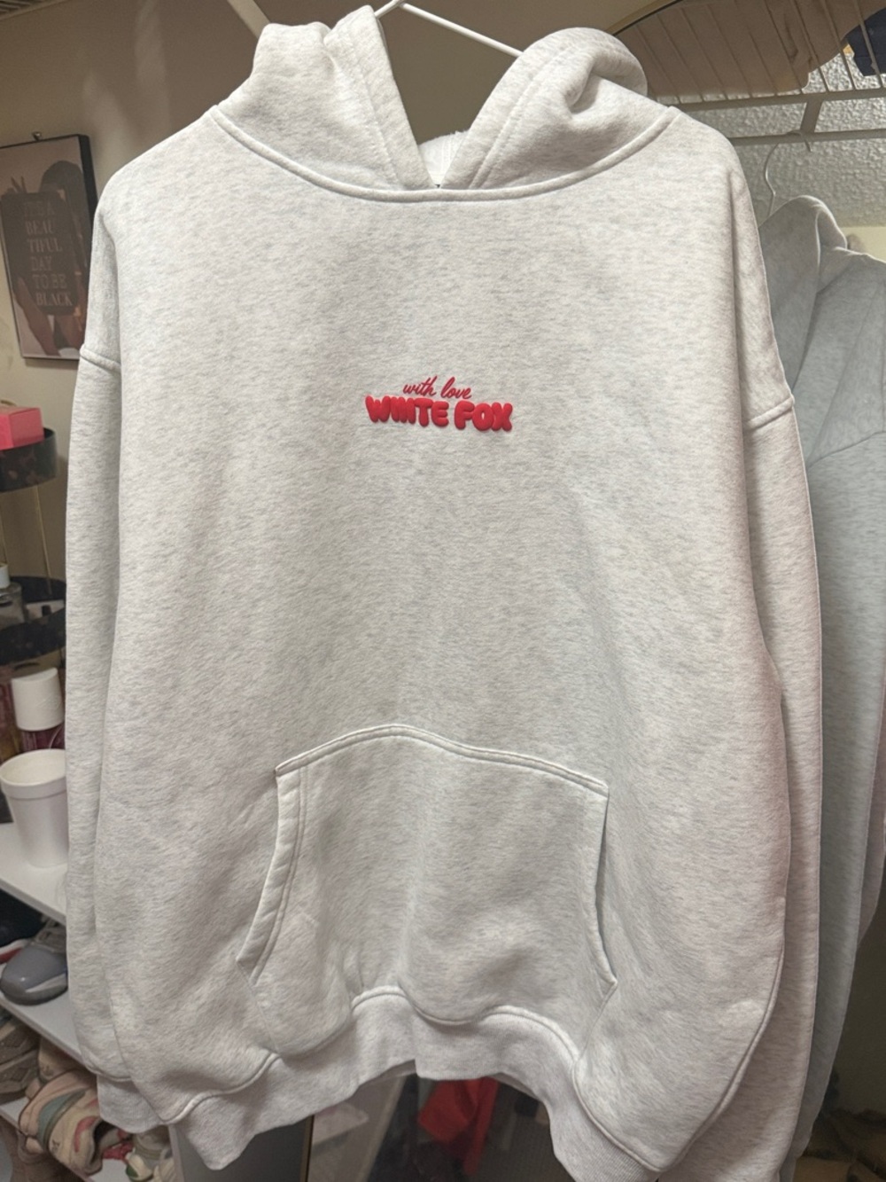 White Fox Boutique Light Gray Hoodie with Red Logo